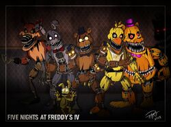  animatronic anthro avian bear belly_mouth bib bird bow_(feature) bow_tie canid canine chicken claws clothing digital_media_(artwork) ellieyo404 english_text exposed_endoskeleton five_nights_at_freddy&#039;s five_nights_at_freddy&#039;s_4 fox freddles_(fnaf) galliform gallus_(genus) glowing glowing_eyes group hat headgear headwear hook hook_hand lagomorph leporid machine male mammal nightmare_(fnaf) nightmare_bonnie_(fnaf) nightmare_chica_(fnaf) nightmare_foxy_(fnaf) nightmare_fredbear_(fnaf) nightmare_freddy_(fnaf) phasianid plushie plushtrap_(fnaf) rabbit red_eyes robot scottgames sharp_teeth simple_background teeth text top_hat yellow_eyes 