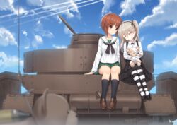  2girls arm_support black_bow black_footwear black_neckwear black_pantyhose black_ribbon black_skirt black_socks blouse blue_sky blurry blurry_foreground boko_(girls_und_panzer) bow bowtie brown_eyes brown_footwear brown_hair casual closed_mouth cloud cloudy_sky collared_shirt commentary contrail day depth_of_field girls_und_panzer green_skirt hair_ribbon head_tilt heijialan high-waist_skirt holding holding_stuffed_toy kiddie_ride layered_skirt light_brown_hair loafers long_hair long_sleeves looking_at_another mary_janes medium_skirt military military_vehicle miniskirt motor_vehicle multiple_girls neckerchief nishizumi_miho one_side_up ooarai_school_uniform outdoors pantyhose panzer_iv pleated_skirt ribbon school_uniform serafuku shimada_arisu shirt shoes short_hair sitting skirt sky sleeping sleeping_on_person smile socks striped_clothes striped_pantyhose stuffed_animal stuffed_toy suspender_skirt suspenders tank teddy_bear white_shirt 