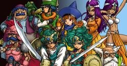  alena alena_(dq4) armor chunsoft dragon_quest dragon_quest_iv enix green_hair helmet hero_(dq4) heroine_(dq4) lowres manya minea old_man ryan_(dq4) siblings sisters sword torneko weapon 