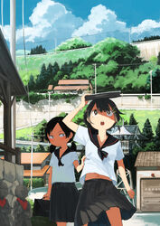  2girls :o architecture arm_up ascot bag bell black_ascot black_bag black_hair black_sailor_collar blush bright_pupils brown_eyes closed_mouth clothes_grab cloud commentary covering_head day east_asian_architecture grey_skirt hair_ornament highres hill holding holding_bag house inami_hatoko jizou looking_at_another looking_up low_twintails midriff multiple_girls navel open_mouth original outdoors parted_bangs pleated_skirt power_lines road sailor_collar sanpaku scenery school_bag school_uniform serafuku shade shirt shirt_tug short_hair short_sleeves skirt sky street teeth tower town translation_request tree twintails upper_teeth_only utility_pole white_pupils white_shirt wind x_hair_ornament 