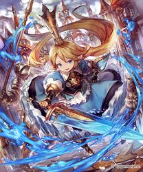  bad_id bad_pixiv_id blonde_hair blue_eyes charlotta_(granblue_fantasy) crown female gauntlets granblue_fantasy harvin highres lee_hyeseung long_hair pointy_ears shingeki_no_bahamut sword tall_crown weapon 