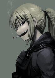  blonde_hair blue_eyes cigarette commentary_request female from_side grin hetza_(hellshock) original ponytail simple_background smile solo suzumi_(hetza) upper_body 