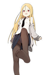  absurdres blonde_hair brown_pantyhose bural_chingu commentary feet female highres korean_commentary lee_ji-min long_hair looking_down luke_(dydansgur) miniskirt necktie no_shoes off_shoulder original panties panties_under_pantyhose pantyhose pantyshot red_eyes skirt sleeves_past_wrists soles solo thighband_pantyhose underwear upskirt white_background white_panties 