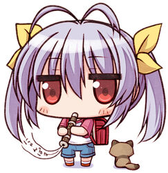  animal antenna_hair backpack bag blush chibi commentary_request female flute full_body gu_(non_non_biyori) hair_ribbon holding holding_flute holding_instrument instrument jitome long_hair miyauchi_renge music non_non_biyori nyanpassu~ playing_instrument purple_hair randoseru recorder red_eyes ribbon ruton-niki tanuki twintails white_background 