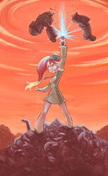  bare_legs blonde_hair blue_eyes breasts broken call_(mighty_no._9) call_e commentary_request creator_connection crossover dress enmouno female firing garrison_cap glowing glowing_eyes gun handgun hat highres junkyard long_hair mega_man_(series) mega_man_x_(series) mighty_no._9 multicolored_hair necktie red_hair red_sky robot short_dress side_ponytail sky small_breasts two-tone_hair uniform vile_(mega_man) weapon 