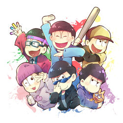  6+boys ;3 baseball_uniform beanie bespectacled black_hair blue_necktie brothers cellphone closed_eyes commentary_request esper_nyanko feline formal glasses glowstick green_eyes happi hat heart heart_in_mouth jacket japanese_clothes leather leather_jacket male_focus matsuno_choromatsu matsuno_ichimatsu matsuno_jyushimatsu matsuno_karamatsu matsuno_osomatsu matsuno_todomatsu multiple_boys necktie one_eye_closed osomatsu-kun osomatsu-san osomatsu_(series) paint_splatter phone sextuplets sheeeh! shiomizu_(swat) siblings smartphone sportswear suit sunglasses 