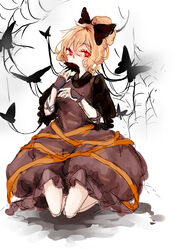  black_bow black_butterfly blonde_hair bow brown_dress bubble_skirt bug butterfly commentary_request curly_hair dress eating female hairbow high_ponytail highres in_web kagari6496 kneeling knees kurodani_yamame lace-trimmed_bow lace_trim looking_at_viewer ponytail red_eyes silk simple_background skirt solo spider_web stuck touhou white_background 