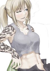  abs alcohol beer blonde_hair blue_eyes cigarette commentary_request female hetza_(hellshock) original ponytail raised_eyebrow simple_background smoke solo suzumi_(hetza) tattoo unzipped white_background 