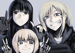  &gt;:) 3girls \m/ black_eyes black_hair blonde_hair blue_eyes bulletproof_vest commentary_request double_v expressionless grey_eyes grin hetza_(hellshock) hood hoodie long_hair multiple_girls original otsukai_(hetza) short_hair simple_background smile suzumi_(hetza) v v-shaped_eyebrows 