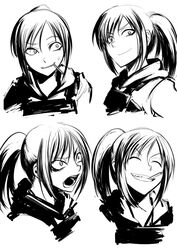  ^_^ cigarette closed_eyes commentary_request expressions female greyscale grin hetza_(hellshock) monochrome open_mouth original raised_eyebrow simple_background smile suzumi_(hetza) white_background 