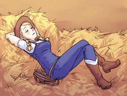  arms_behind_head blonde_hair blush boots braid commentary cowboy_hat cowgirl_(pokemon) cowgirl_(western) crossed_legs female hat hay lying monorus overalls pokemon pokemon_dppt sleeping solo twin_braids 