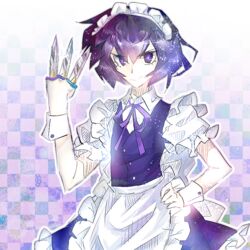  1other alternate_costume androgynous apron black_hair commentary cosplay enmaided izayoi_sakuya izayoi_sakuya_(cosplay) knife len&#039;en maid maid_headdress other_focus purple_eyes shitodo_kuroji short_hair smile solo symbol-only_commentary touhou trait_connection unibazooka weapon weapon_connection 