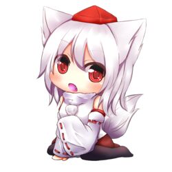  animal_ears banned_artist bare_shoulders blush chibi detached_sleeves hat inubashiri_momiji oerba_yun_fang oohirakeisuke open_mouth red_eyes short_hair solo tail tokin_hat touhou transparent_background white_hair wolf_ears wolf_tail 