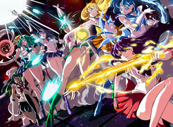  6+girls aino_minako armpits arms_up arrow_(projectile) back_bow bare_legs bishoujo_senshi_sailor_moon black_hair blonde_hair blue_choker blue_eyes blue_footwear blue_hair blue_sailor_collar blue_skirt boots bow bow_(weapon) brooch brown_hair choker commentary_request crossed_arms dead_scream drawing_bow dutch_angle earrings elbow_gloves energy fire flaming_weapon garnet_rod gloves green_eyes green_footwear green_hair green_skirt hair_bun hairbow half_updo heart heart_brooch heart_wand highres hino_rei hohooting holding holding_bow_(weapon) holding_polearm holding_weapon hydrokinesis jewelry jupiter_oak_evolution kaiou_michiru kino_makoto knee_boots kneeling long_hair magical_girl mars_arrow mars_flame_sniper meiou_setsuna mercury_aqua_rhapsody mercury_harp mizuno_ami multiple_girls orange_sailor_collar orange_skirt panties pantyshot photoshop_(medium) pink_bow pleated_skirt polearm purple_eyes purple_footwear purple_hair purple_skirt red_bow red_sailor_collar red_skirt ribbon sailor_collar sailor_jupiter sailor_mars sailor_mercury sailor_neptune sailor_pluto sailor_saturn sailor_senshi sailor_senshi_uniform sailor_uranus sailor_venus serious shoes short_hair silence_glaive silence_glaive_surprise single_hair_bun skirt smile smoke spear squatting staff star_(symbol) star_choker strappy_heels super_sailor_jupiter super_sailor_mars super_sailor_mercury super_sailor_neptune super_sailor_pluto super_sailor_saturn super_sailor_uranus super_sailor_venus ten&#039;ou_haruka tiara tomoe_hotaru underwear venus_love_and_beauty_shock water weapon white_gloves white_panties 