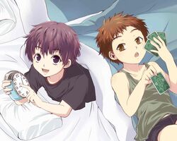  2boys artist_request bed bed_sheet blanket boxers briefs brown_eyes brown_hair cards clock indoors looking_at_viewer magenta_eyes magenta_hair male multiple_boys open_mouth pillow short_hair shorts sleeveless_shirt source_request t-shirt underwear 