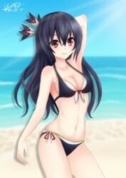  alternate_hairstyle bad_anatomy bare_shoulders beach bikini black_hair breasts cleavage cloud commentary_request day female front-tie_bikini_top front-tie_top hair_ornament hair_ribbon highres long_hair looking_at_viewer medium_breasts neptune_(series) noire_(neptunia) ocean outdoors red_eyes ribbon sand side-tie_bikini_bottom signature sky smile solo string_bikini swimsuit water weresdrim 