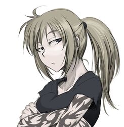  arm_tattoo blonde_hair blue_eyes commentary_request crossed_arms eyebrows female hetza_(hellshock) looking_at_viewer original ponytail simple_background solo suzumi_(hetza) tattoo white_background 