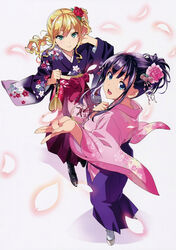  2girls :d absurdres amaya_haruko bag black_hair blonde_hair blue_eyes flower glowing green_eyes hair_flower hair_ornament hakama hakama_skirt highres himegami_kodama japanese_clothes kimono kinchaku looking_at_viewer maken-ki! makeup multiple_girls open_mouth petals pouch purple_hakama scan skirt smile tabi takeda_hiromitsu 