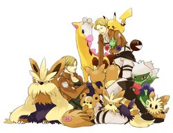  1boy aquiline_nose blonde_hair commentary_request crossover emblem facial_hair female girafarig gorosuke_(my_boy) herdier lillipup mike_zakarius moustache nanaba paradis_military_uniform pikachu pokemon pokemon_(creature) roselia_(pokemon) roserade shingeki_no_kyojin short_hair stoutland swinub teddiursa 