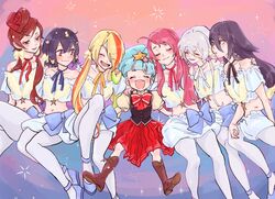  6+girls arm_around_shoulder bare_shoulders black_hair blonde_hair blue_footwear blue_hair blush bow brown_footwear brown_hair closed_eyes commentary ebichiri_man english_commentary eyes_visible_through_hair grey_hair hair_ornament hair_over_one_eye hairbow heart heart_hair highres hoshikawa_lily hug idol konno_junko light_blue_hair light_green_hair long_hair looking_at_another midriff minamoto_sakura mizuno_ai multicolored_hair multiple_girls nikaidou_saki orange_hair pantyhose protected_link puffy_short_sleeves puffy_sleeves red_eyes red_hair red_skirt short_hair short_sleeves skirt smile star_(symbol) star_hair_ornament streaked_hair twintails white_legwear yamada_tae yellow_bow yuugiri_(zombie_land_saga) zombie_land_saga 