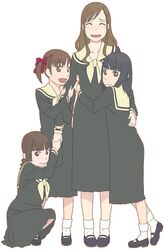  4girls :d ^_^ arm_hug black_hair black_skirt blue_eyes blush braid brown_eyes brown_hair closed_eyes commentary_request fukuzawa_yumi hair_ribbon hand_on_another&#039;s_hip holding_another&#039;s_arm holding_hands hug lillian_girls&#039;_academy_school_uniform long_hair long_skirt maria-sama_ga_miteru mary_janes multiple_girls nijou_noriko open_mouth ribbon sailor_collar school_uniform serafuku shimazu_yoshino shoes short_hair simple_background skirt smile socks squatting standing toudou_shimako twin_braids twintails white_background yoshitaka_(tekiji_shissaku) 