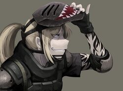  armor blonde_hair blue_eyes bulletproof_vest commentary_request female fingerless_gloves gloves grin hetza_(hellshock) mask original simple_background smile solo suzumi_(hetza) tattoo 