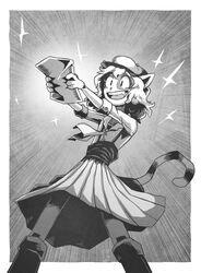  anthro beleth_(floraverse) clothed clothing felid female flat_chested floraverse hat headgear headwear hi_res mammal monochrome necktie open_mouth pwcsponson smile solo standing teeth tongue white_beleth_(floraverse) 