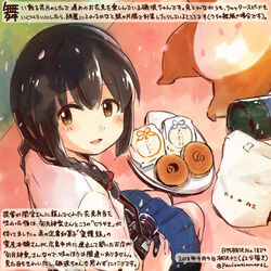  admiral_(kancolle) alternate_costume animal black_hair blue_skirt braid brown_eyes camera colored_pencil_(medium) commentary_request dated female food hamster isonami_(autumn_mode)_(kancolle) isonami_(kancolle) kantai_collection kirisawa_juuzou kirisawa_juuzou_(character) long_hair non-human_admiral_(kancolle) numbered pleated_skirt shirt short_sleeves single_braid skirt solo_focus traditional_media translation_request twitter_username white_shirt 