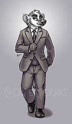  abigfathen anthro badger boozybadger business_suit clothed clothing fully_clothed grey_background male mammal mustelid musteline simple_background solo suit 