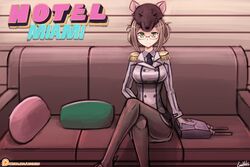  breasts brown_eyes brown_hair brown_legwear copyright_name couch crossed_legs epaulettes hotline_miami kantai_collection katori_(kantai_collection) large_breasts looking_at_viewer lumineko mask mask_on_head military military_uniform mouse_hood on_couch pantyhose parody patreon_logo patreon_username pillow pun richter_(hotline_miami) short_hair sitting solo uniform watermark web_address 