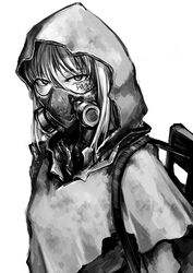  armor cloak commentary_request extra_arms female greyscale hetza_(hellshock) hood long_hair looking_at_viewer monochrome nagai_gojitsudan_no_nechronica navka_(hetza) respirator simple_background solo upper_body white_background 