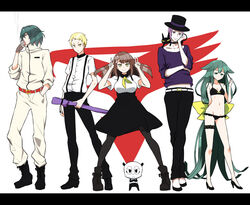  2girls 3boys absurdly_long_hair belt bikini black_bikini black_bra black_panties blonde_hair boots bow bra brown_hair cigarette commentary_request double_v feline fingerless_gloves gatchaman_crowds gloves green_eyes green_hair hair_ornament hairbow hand_in_own_hair hand_in_pocket hand_on_own_face hat hibiki_joe high_heels holding ichinose_hajime letterboxed long_hair looking_at_viewer looking_away lowleg lowleg_bikini miya_utsutsu multiple_boys multiple_girls navel neckerchief o.d. paiman panties pants popped_collar purple_eyes purple_hair school_uniform shirt shouji_nigou skirt smile smoking spread_legs standing suspenders swimsuit tachibana_sugane top_hat underwear underwear_only v very_long_hair yellow_eyes 