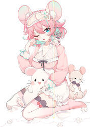  animal_ear_fluff animal_ears aqua_eyes aqua_flower aqua_sleeves arin_(fanfan013) black_bow black_bowtie blanket blue_eyes bow bowtie braid breasts cleavage collar collarbone collared_shirt colored_inner_hair commentary eyelashes female flower frilled_shirt_collar frilled_shorts frills full_body gradient_legwear highres large_breasts light_blush long_sleeves looking_at_viewer mask mask_on_head medium_hair mouse_(animal) mouse_ears mouse_on_shoulder multicolored_hair one_eye_closed open_mouth original pink_hair pink_mask pink_shirt pink_sleeves pink_thighhighs puffy_long_sleeves puffy_shorts puffy_sleeves see-through see-through_shirt shirt shorts side_braid simple_background sitting sleep_mask sleeve_bow solo streaked_hair symbol-only_commentary teeth thighhighs upper_teeth_only wariza white_background white_collar white_flower white_shorts white_thighhighs 