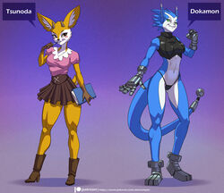  2024 aggretsuko alanscampos antelope anthro appmon_(species) ass bandai_namco black_bottomwear black_clothing black_panties black_skirt black_topwear black_underwear blue_body boots bottomwear bovid breasts brown_body brown_fur butt_from_the_front clothing countershade_face countershade_neck countershade_torso countershading digimon digimon_(species) dokamon duo eyebrows eyelashes female female_anthro folder footwear fur gazelle gloves_(marking) green_eyes hi_res high_heeled_boots high_heels horn inner_ear_fluff looking_at_viewer mammal markings panties pen pink_clothing pink_shirt pink_topwear sanrio shirt skirt standing thomson&#039;s_gazelle topwear true_antelope tsunoda_(aggretsuko) tuft underwear white_body white_countershading white_fur yellow_body yellow_fur 