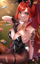  absurdres arm_tattoo bare_shoulders between_breasts black_gloves black_leotard blush breasts casino_card_table cleavage collarbone commentary dragon_tattoo elly_(vtuber) female fingerless_gloves gloves green_eyes gun highres indie_virtual_youtuber large_breasts leotard long_hair necktie pantyhose playboy_bunny poker_chip ponytail red_hair smile strapless table tattoo torn_clothes torn_pantyhose virtual_youtuber weapon yayoi_maka yellow_necktie 