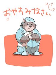  3:4 anthro bear blush brown_body brown_fur chibi clothing footwear fur hat headgear headwear jambavan_(tas) japanese_text lifewonders male mammal nightcap overweight pajamas pillow rorondo4 shoes slippers solo text tokyo_afterschool_summoners 