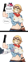  2girls abs biceps black_gloves blonde_hair breasts brown_eyes chibi chibi_inset cleavage closed_mouth commentary english_commentary english_text fingerless_gloves flexing gloves go_on_feel_it_(meme) goggles goggles_on_head grabbing grabbing_another&#039;s_breast highres hololive hololive_indonesia kaela_kovalskia kureiji_ollie large_breasts looking_at_another meme multicolored_hair multiple_girls muscular muscular_female popo_(popo0cat) red_hair short_hair smile speech_bubble virtual_youtuber 