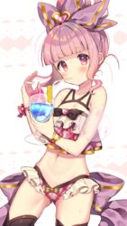  back_bow bare_shoulders bikini black_bow black_bowtie black_thighhighs blunt_bangs bow bowtie breasts brooch cleavage cocktail_glass collarbone commentary_request cowboy_shot cup detached_sleeves drink drinking drinking_glass female flower food frilled_bikini frills fruit gold_bracelet granblue_fantasy hair_bun hair_ornament hairbow hand_in_own_hair heart heart_brooch heart_hair_ornament holding holding_drink jewelry lemon lemon_slice light_brown_hair linaria_(granblue_fantasy) pink_bikini pink_bow pink_eyes pink_flower pink_hair plaid plaid_bikini plaid_bow puffy_short_sleeves puffy_sleeves purple_bow see-through see-through_sleeves short_hair short_sleeves simple_background single_hair_bun small_breasts solo swimsuit thighhighs usamata wavy_hair white_background wrist_bow yellow_bow 