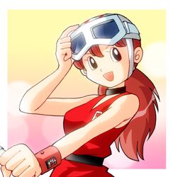  :d breasts brown_hair commentary_request dress female fujiko_f_fujio_(style) goggles goggles_on_head helmet long_hair looking_at_viewer medium_breasts open_mouth retro_artstyle riimu_stream science_fiction shirai_sanjirou simple_background sleeveless smile solo tp_bon wristband 