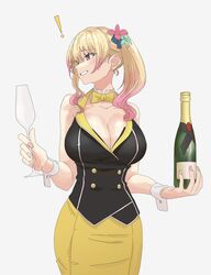  ! absurdres bare_shoulders blonde_hair bottle bow bowtie breasts bunny_garden cleavage collarbone commentary_request cup detached_collar drinking_glass female flower gradient_hair grin hair_flower hair_ornament highres holding holding_bottle holding_cup large_breasts long_hair multicolored_hair nontraditional_playboy_bunny pencil_skirt pink_hair red_eyes rin_(bunny_garden) skirt smile solo soutou_nagi wine_bottle wine_glass wrist_cuffs yellow_bow yellow_bowtie yellow_skirt 