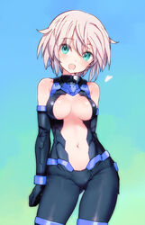  30_minutes_sisters :o absurdres aqua_eyes bare_shoulders black_gloves blue_background breasts cleavage_cutout clothing_cutout commentary_request contrapposto cowboy_shot elbow_gloves female gloves gradient_background green_background grey_hair highres looking_at_viewer medium_breasts open_mouth rishetta_(30ms) shimada_fumikane short_hair skin_tight solo stomach_cutout 