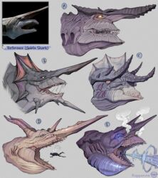  absurd_res ambiguous_gender aquatic_dragon biped dragon feral fish gills goblin_shark hi_res horizontal_pupils horn human mackerel_shark mammal marine mitsukurinid mythological_creature mythological_scalie mythology open_mouth pupils rappenem reference_image scalie shark sharp_teeth slit_pupils teeth 