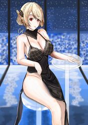  absurdres azur_lane bar_stool black_dress blonde_hair bottomless breasts cleavage clothes_lift crallylystia dress evening_gown female glass_table hair_bun hair_ornament highres large_breasts looking_at_viewer night night_sky no_bra official_alternate_costume on_stool prince_of_wales_(a_knight&#039;s_song_a_lady&#039;s_night)_(azur_lane) prince_of_wales_(azur_lane) red_eyes self-upload side_slit signature sitting skirt skirt_lift sky stool table thighs tongue tongue_out 