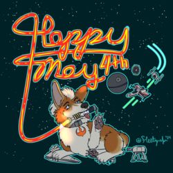  1:1 2024 canid canine canis death_star domestic_dog fleety_(artist) herding_dog hi_res lightsaber mammal may_the_4th melee_weapon mohawk pastoral_dog star_wars tie_fighter walker weapon welsh_corgi x-wing 