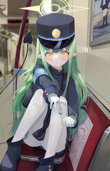  absurdres armband backpack bag bbul_horn black_tail blue_archive blue_armband blue_hat blue_jacket blurry blurry_background blush boots closed_mouth commentary crime_prevention_buzzer crime_prevention_buzzer_threat demon_tail doodle_sensei_(blue_archive) female gloves green_hair green_halo halo hat highres hikari_(blue_archive) jacket kepi knees_up long_hair long_sleeves looking_at_viewer military_hat panties panties_under_pantyhose pantyhose pantyshot pointy_ears sensei_(blue_archive) sitting solo tail tail_raised torn_clothes torn_pantyhose toronto_(city) train_interior underwear very_long_hair white_gloves white_pantyhose yellow_eyes 