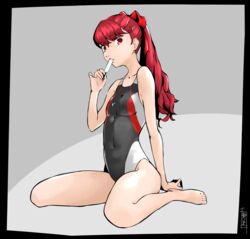  1girls bangs clothed clothed_female clothes clothing feet female female_only fully_clothed human human_only ice_cream kasumi_yoshizawa long_hair looking_at_viewer one-piece_swimsuit persona persona_5 persona_5_royal ponytail popsicle red_eyes red_hair red_ribbon simple_background sitting small_breasts solo sumire_yoshizawa swimsuit thighs toes uncensored very_long_hair wariza yagyugoro 