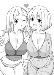  2girls absurdres aged_up breasts cleavage greyscale highres large_breasts looking_at_viewer medium_hair monochrome mother_and_daughter multiple_girls nekomatagi one_eye_closed original panties shirt short_hair smile underwear v white_background 