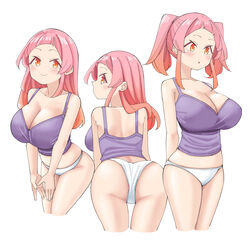  aged_up ass breasts cleavage female highres large_breasts looking_at_viewer looking_back medium_hair nekomatagi orange_eyes original panties pink_hair purple_shirt shirt smile underwear white_panties 