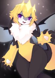  2024 4_fingers absurd_res antennae_(anatomy) anthro arthropod bee black_body black_fur blonde_hair devil-vox digital_media_(artwork) fangs featureless_crotch female female_anthro fingers fluffy fur hair happy hi_res honey_bee hymenopteran insects kemono looking_at_viewer open_mouth poison_honeybee_(solo_farming_in_the_tower) portrait purple_eyes queen_poisonous_honeybee_(solo_farming_in_the_tower) short_hair solo solo_farming_in_the_tower tail teeth three-quarter_portrait tongue white_body white_fur wings yellow_body yellow_fur 