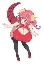  absurdres alternate_costume black_thighhighs blush breasts china_dress chinese_clothes cleavage dragon_girl dragon_horns dragon_tail dress elomil female full_body gigantic_breasts highres horns ilulu_(maidragon) kobayashi-san_chi_no_maidragon leaning_forward oppai_loli pink_eyes pink_hair pointy_ears red_dress red_footwear shoes shortstack simple_background sleeveless sleeveless_dress slit_pupils solo tail thighhighs white_background 